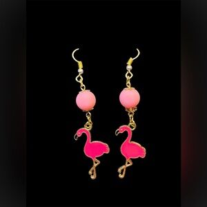 Pink Flamingo Beaded Enamel Gold Tone Dangle Pierced Earrings New
